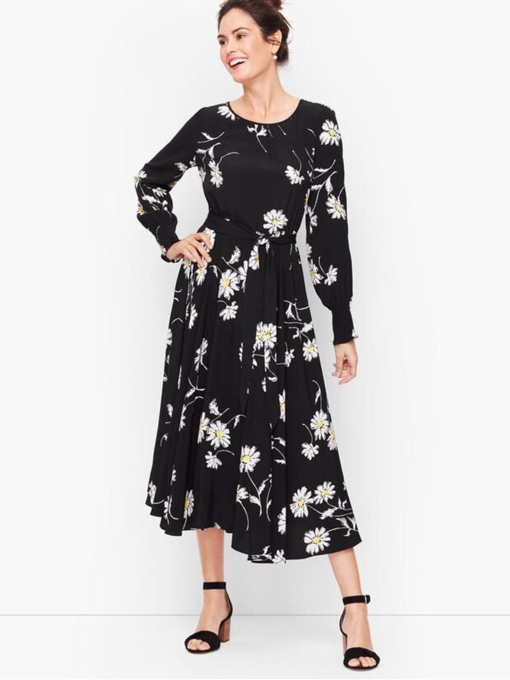 Talbots Vintage Daisy Fit & Flare Long Sleeve Waist Tie Midi Dress, Women's 16